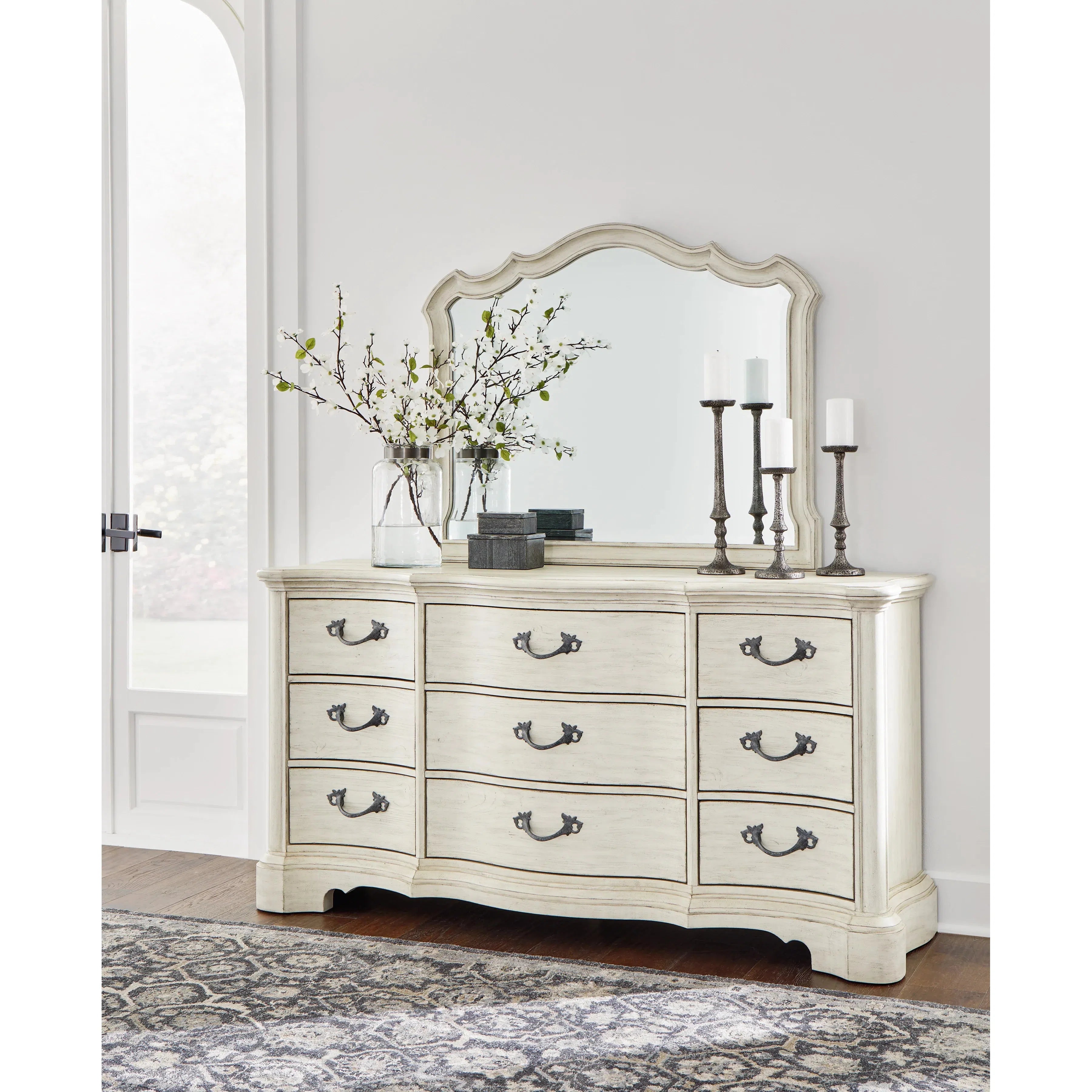 Elegant Antique White Arlendyne Bedroom Dresser with Stunning Mirror